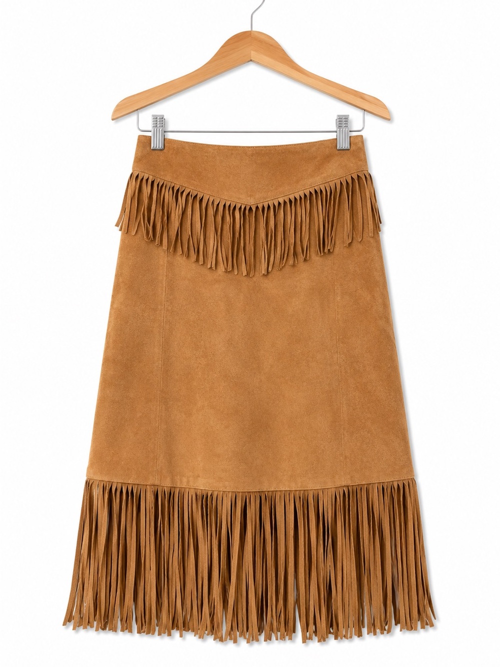 Vintage Erez Levy Tan Suede Leather Fringe Midi Skirt